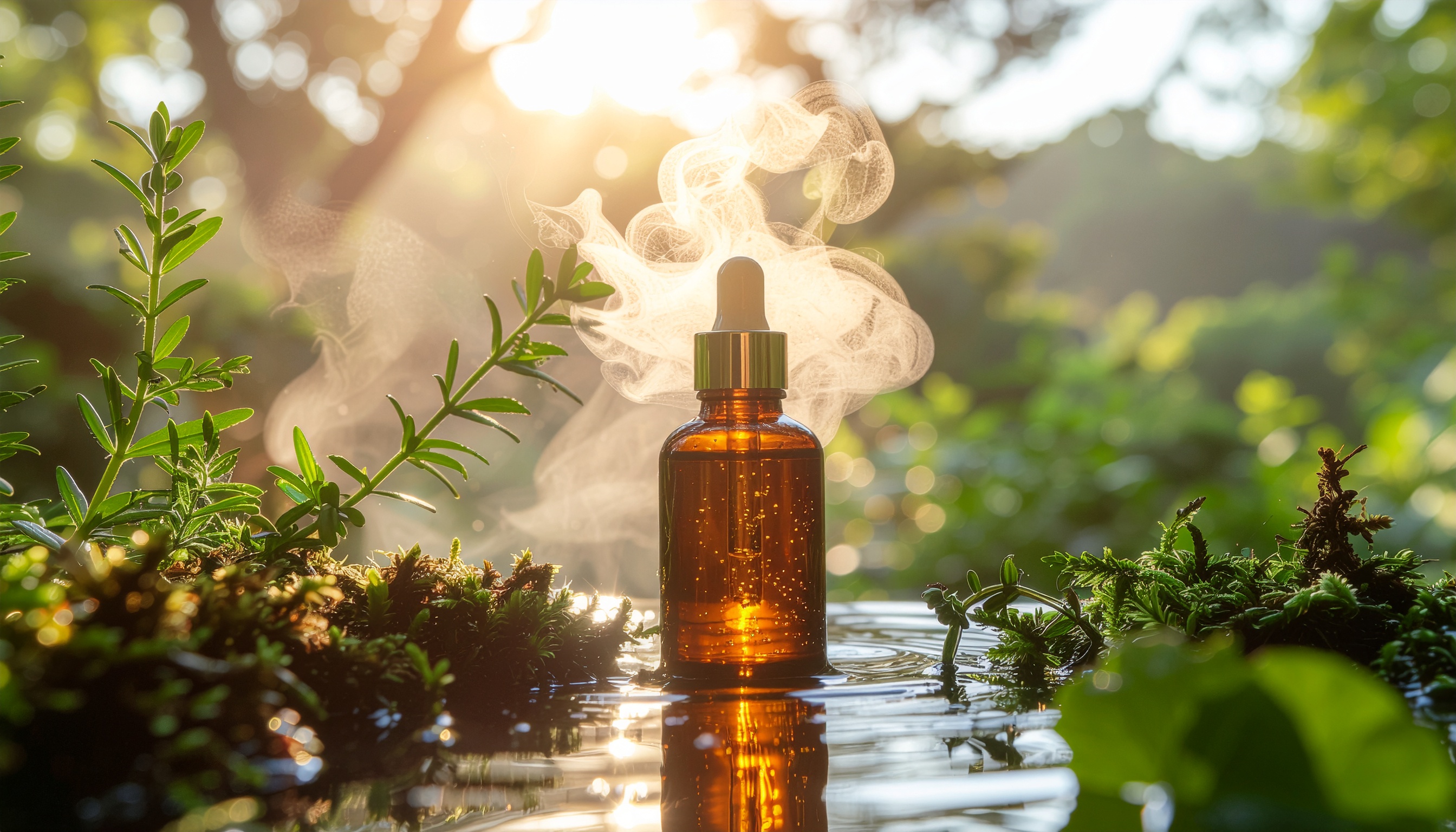 Frasco de vidro âmbar com tampa metálica situado entre vegetação exuberante, com vapor suave subindo sob luz solar difusa, criando um efeito etéreo. A composição centraliza o frasco em um ângulo direto, destacando o reflexo na água, enquanto o fundo desfocado e a iluminação natural criam uma atmosfera serena e orgânica.